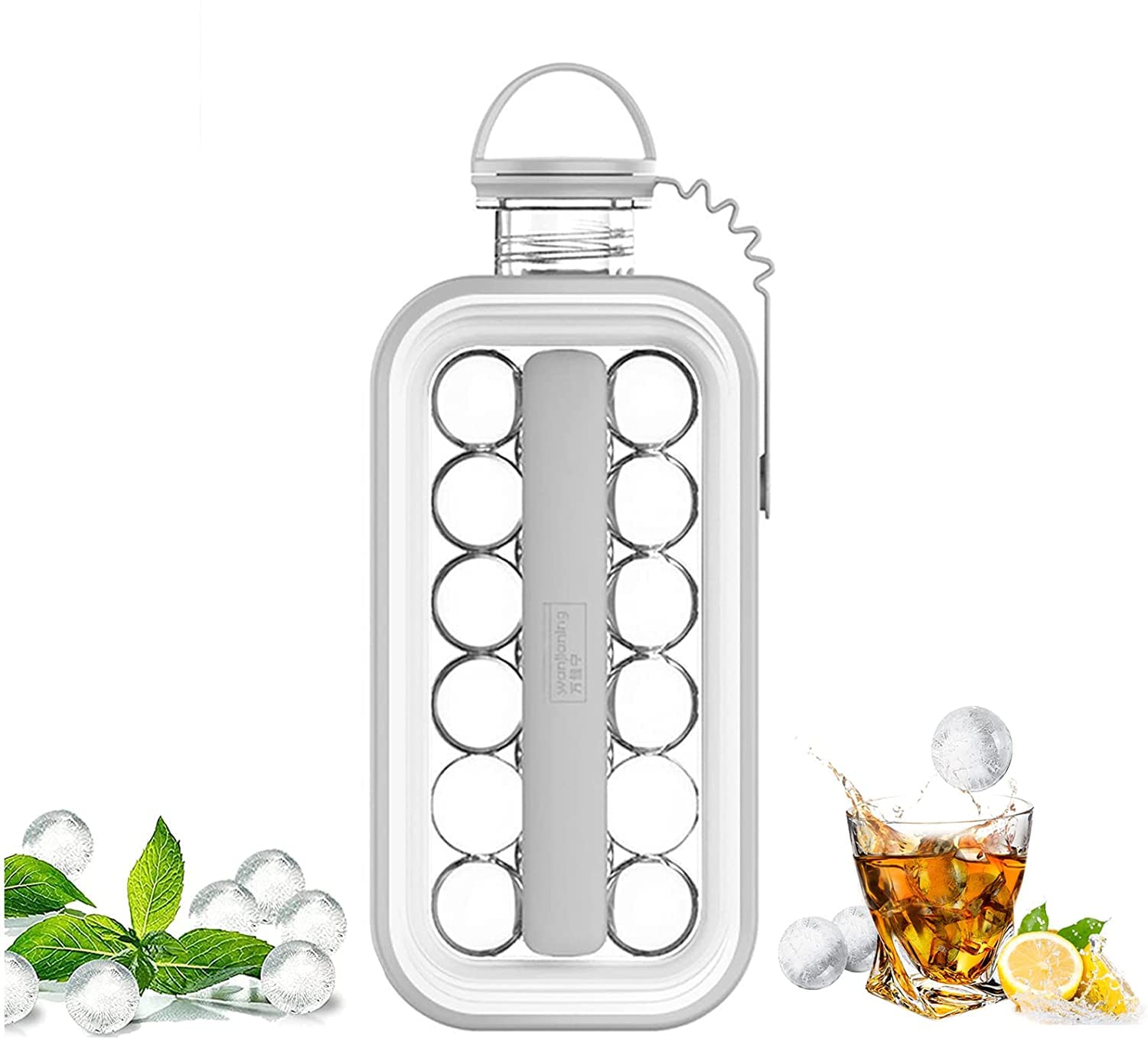 AWHOrchid M Portable Ice Ball Maker 2 in 1 Sanitary Ice Cube Trays for Freezer Round Ice Cube Mold Makes 17 Cubes,Ice Maker Bottle with Lid Easy Release and Cleaning BPA-Free (Gray)