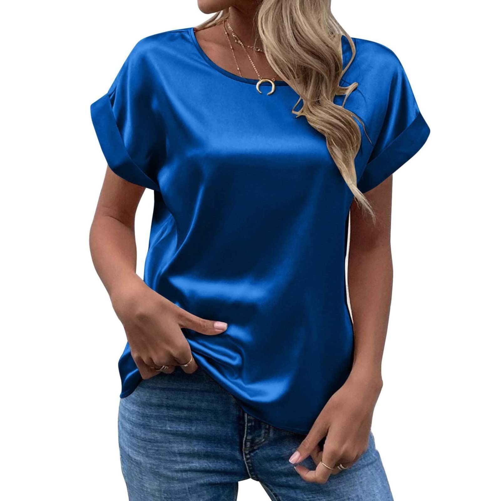Women's Short Sleeve Satin Blouses Casual Loose Crewneck Silk Shirts Roll Up Sleeve Tunic Tops S-XXL(BU1,X-Large)