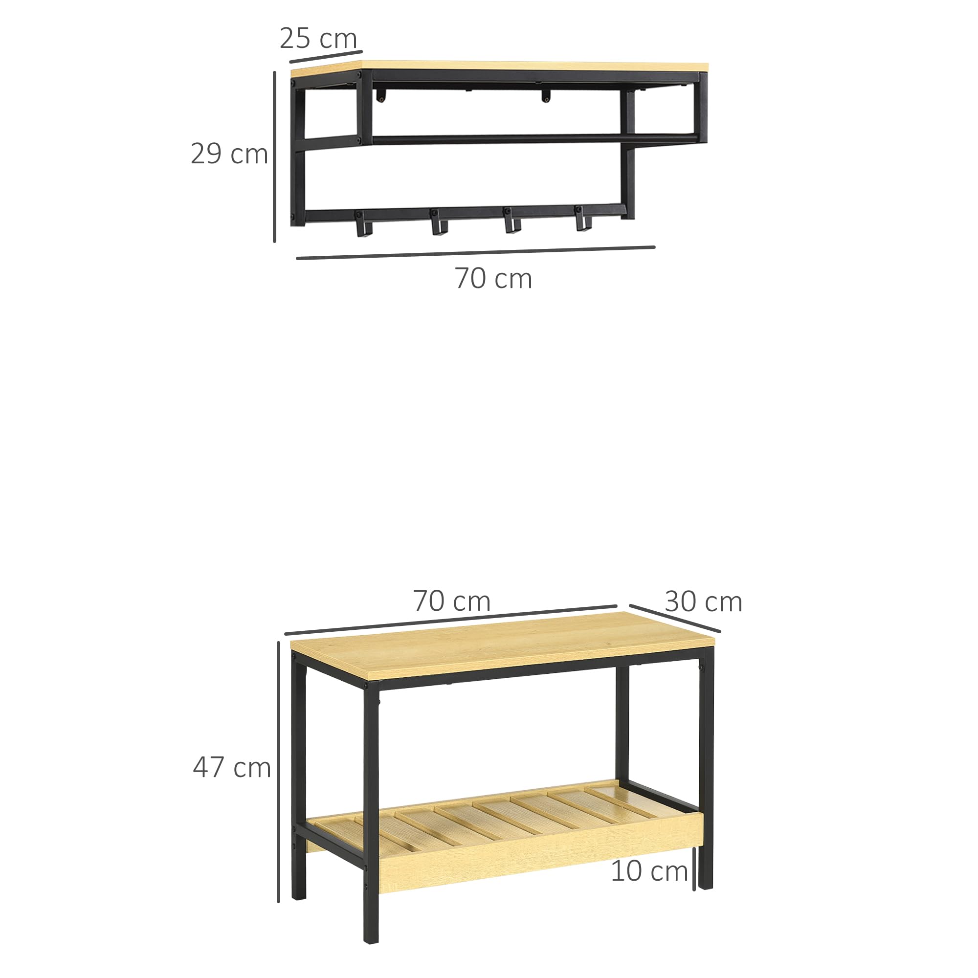 HOMCOM Muebles de Entrada 2 en 1 con Perchero de Pared y Banco Zapatero Recibidor Moderno con 4 Ganchos 1 Barra y 1 Estante para 3 Pares de Zapatos Roble