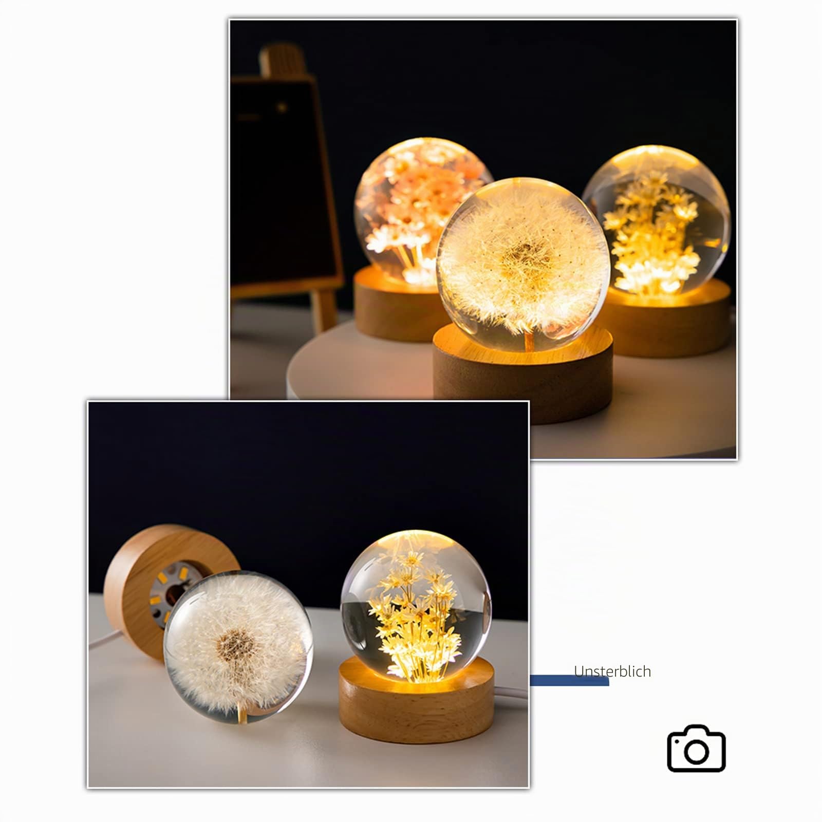 Pusteblume Blumen Kristallkugel Nachtlicht, 6 cm Glas Kugellampe mit Holzsockel, Dekorative LED Nachtlampe für Schlafzimmer & Wohnzimmer (Löwenzahn)