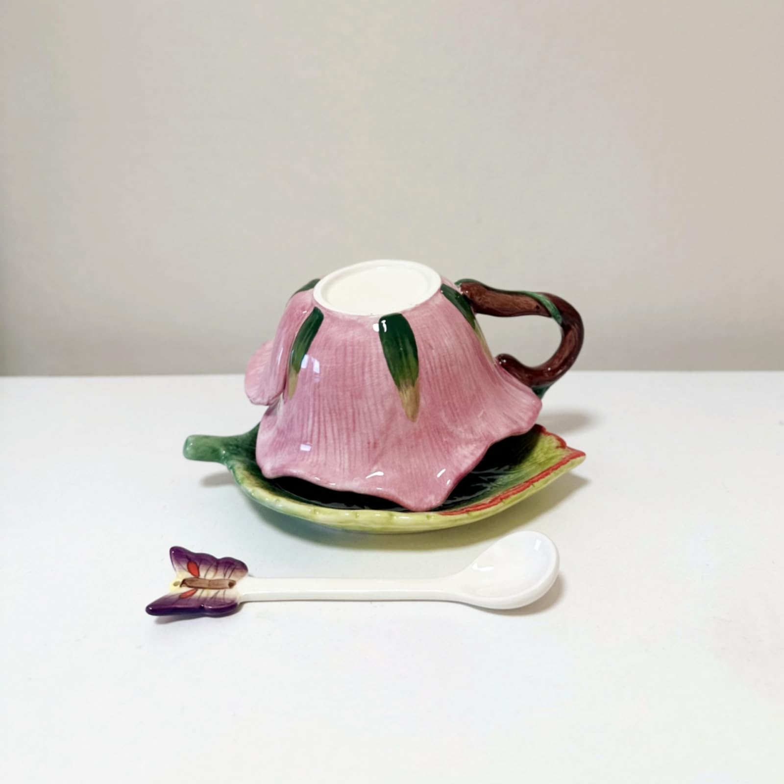 Ensemble tasse à thé et soucoupe en céramique, 177 ml, motif fleur et feuille de lotus peintes à la main, cadeau pour femme, rose foncé