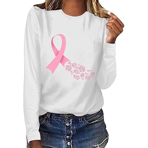 Women's Casual Dressy Pink Ribbon Breast Cancer Awareness Pullover Shirts Long Sleeve Tees Cancer Survivor Gifts