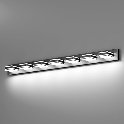 Miniatura 9 de Ralbay Lámpara de tocador negra de 55 pulgadas para baño, 7 luces, LED, moderna, acrílico, mate, negro, accesorios de iluminación sobre espejo