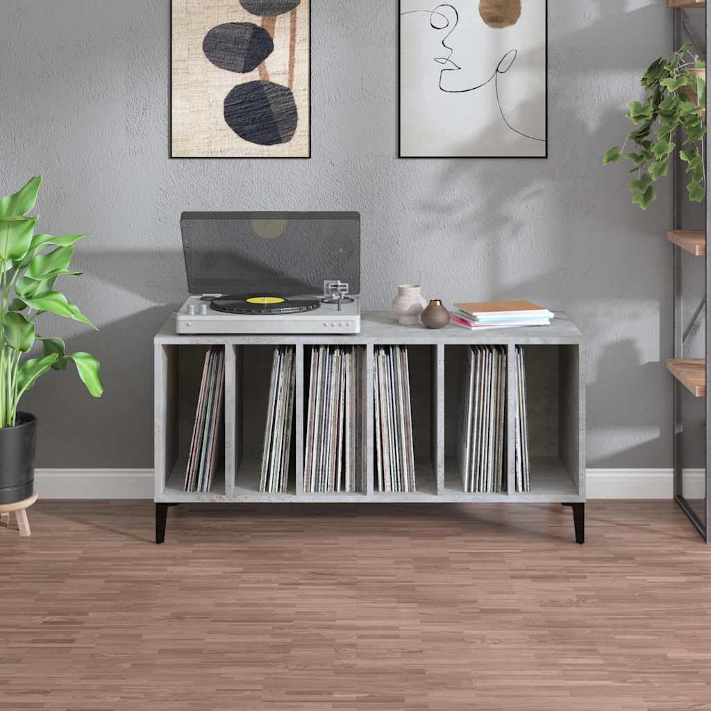 Générique Szafka na płyty winylowe, szary beton, 100 x 38 x 48 cm, z drewna konstrukcyjnego, szafka do przechowywania gramofonu z przestronnymi półkami na LP, wytrzymała górna część na urządzenia