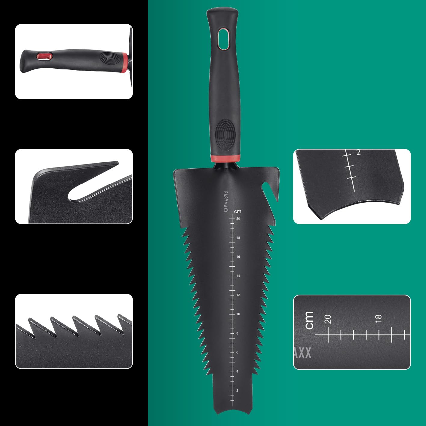 EASYmaxx Łopata do korzeni 4 w 1 i widelec 2 w 1 z piłą do korzeni w zestawie | wielofunkcyjne łopatki do kopania, piłowania, cięcia, spulchniania i przesadzania | Root Digger i łopata korzeni z