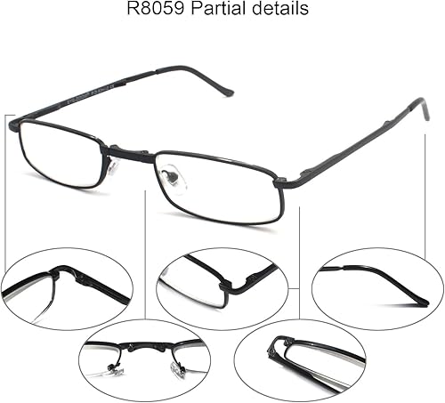 Miniatura 3 de EYE ZOOM - Lectura compacta rectangular plegable de metal con estuche rígido para hombres y mujeres, marco negro, funda gris, fuerza 3.00