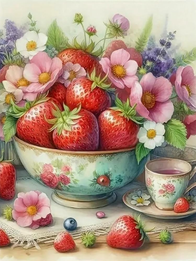 Brennora Full Drill Diamond Art 5D Diamond Painting Kits Strawberry Blossoms Round Rhinestone, DIY Adult and Crafts Home Decor 40x50cm