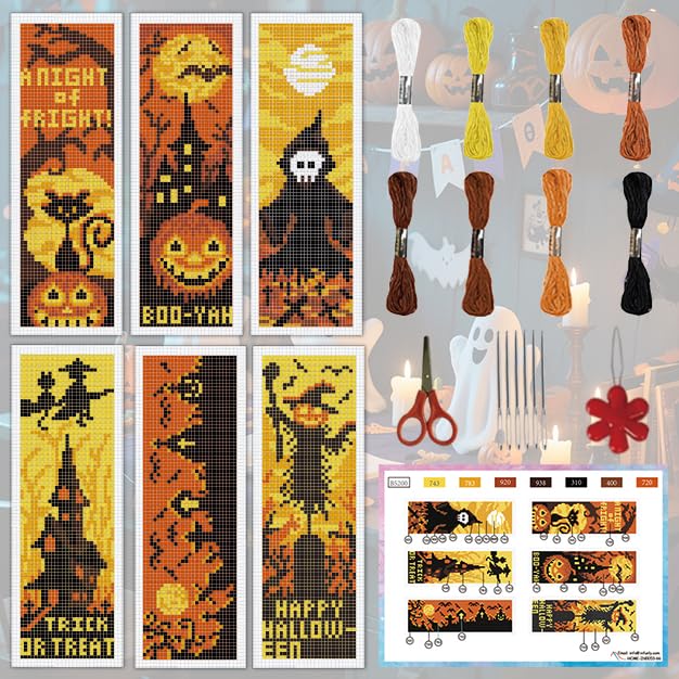 Image of INFUNLY Halloween Cross Stitch Bookmarks Kit Evil Pumpkin Handmade Cross Stitch Bookmarks Skeleton Ghost Embroidery Bookmark Trick or Treat DIY Cross Stitch Set with Instruction for Adults Book Lover