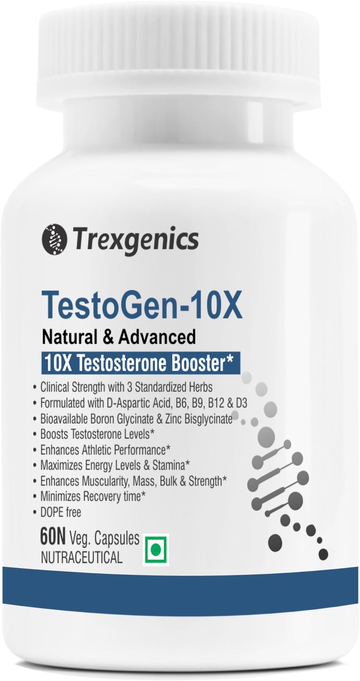 Trexgenics Testogen-10X Synergistic Action with Ashwagandha withanolides, Fenugreek & Tribulus saponins, Boron Glycinate,Zinc,Aspartic acid,D3,B6,B9,B12(60 Veg capsules)