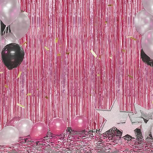Image of DECOCKRAT 3 Pack Foil Fringe Backdrop - Laser Pink Shiny Tinsel Curtains for Party Decoration /Photo Booth Props - 3.3x8.2 FT Metallic Foil Backdrop for Birthday, Wedding, Graduation, Christmas.