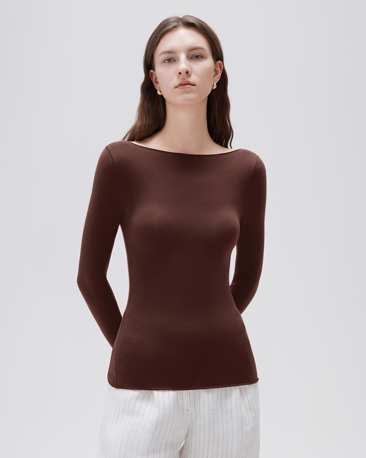 SUUKSESS Cloud Cashmere Women Boat Neck Fitted Long Sleeve Shirt Basic Knit Tops - Image 2