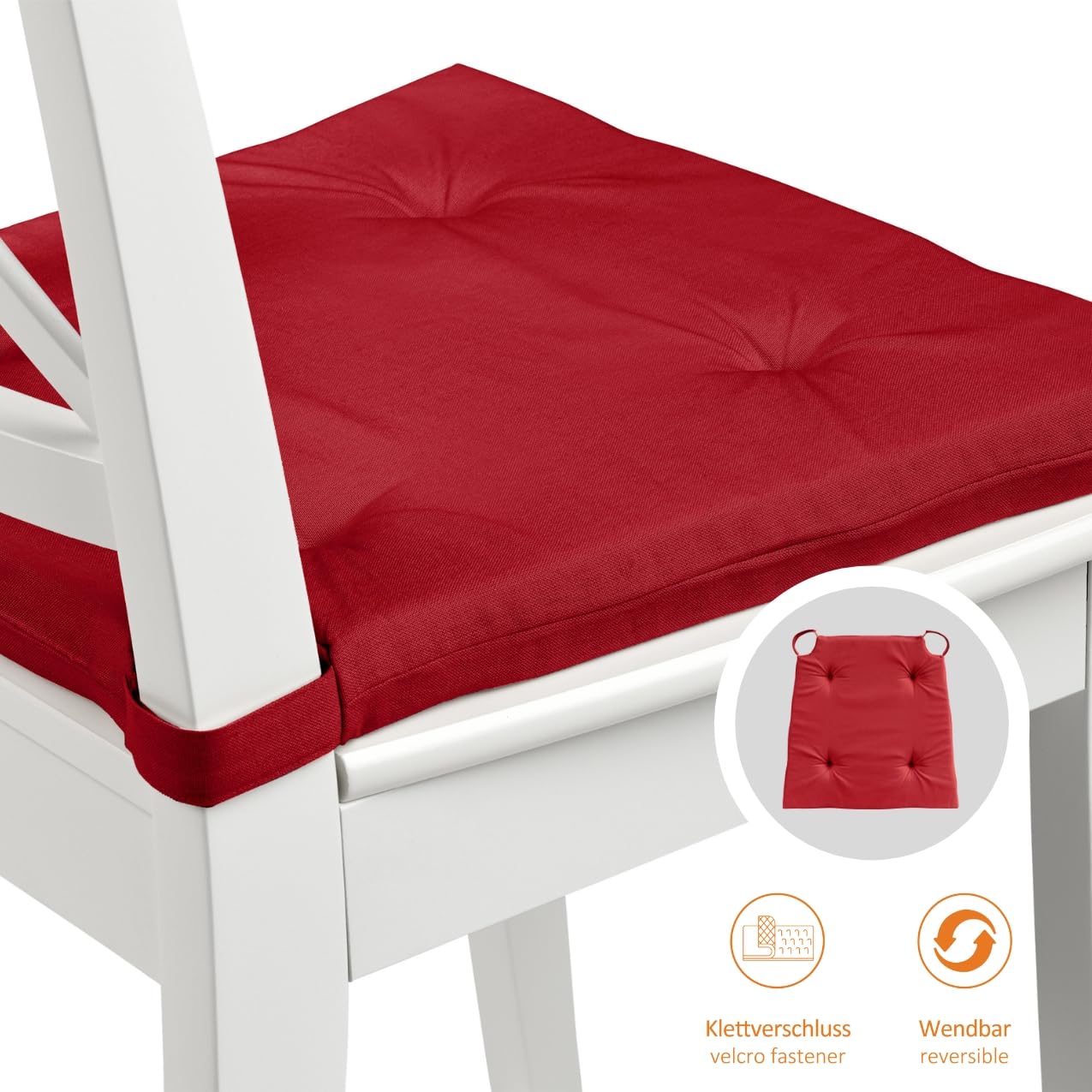 sleepling 4er Set Stuhlkissen, 42 (vorne) 35 (hinten) x40x5 cm, Sitzkissen für Stuhl & Bank mit Klettverschluss, Indoor & Outdoor, 100% Baumwolle, Made in EU, waschbar bis 30 Grad, Basic 10, Rot