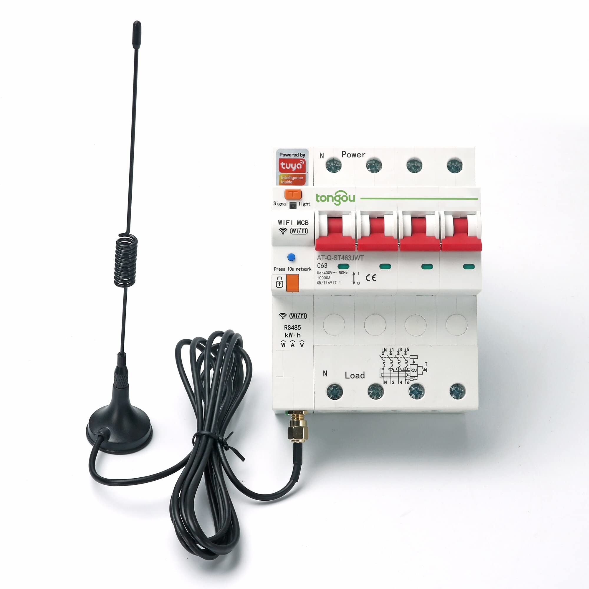 Magnetotermico,Interruttore Magnetotermico 4P Trifase RCBO WIFI Contatore di Energia Intelligente Misuratore Kwh di Monitoraggio Interruttore Timer Relè con Protezione di Perdite 63A