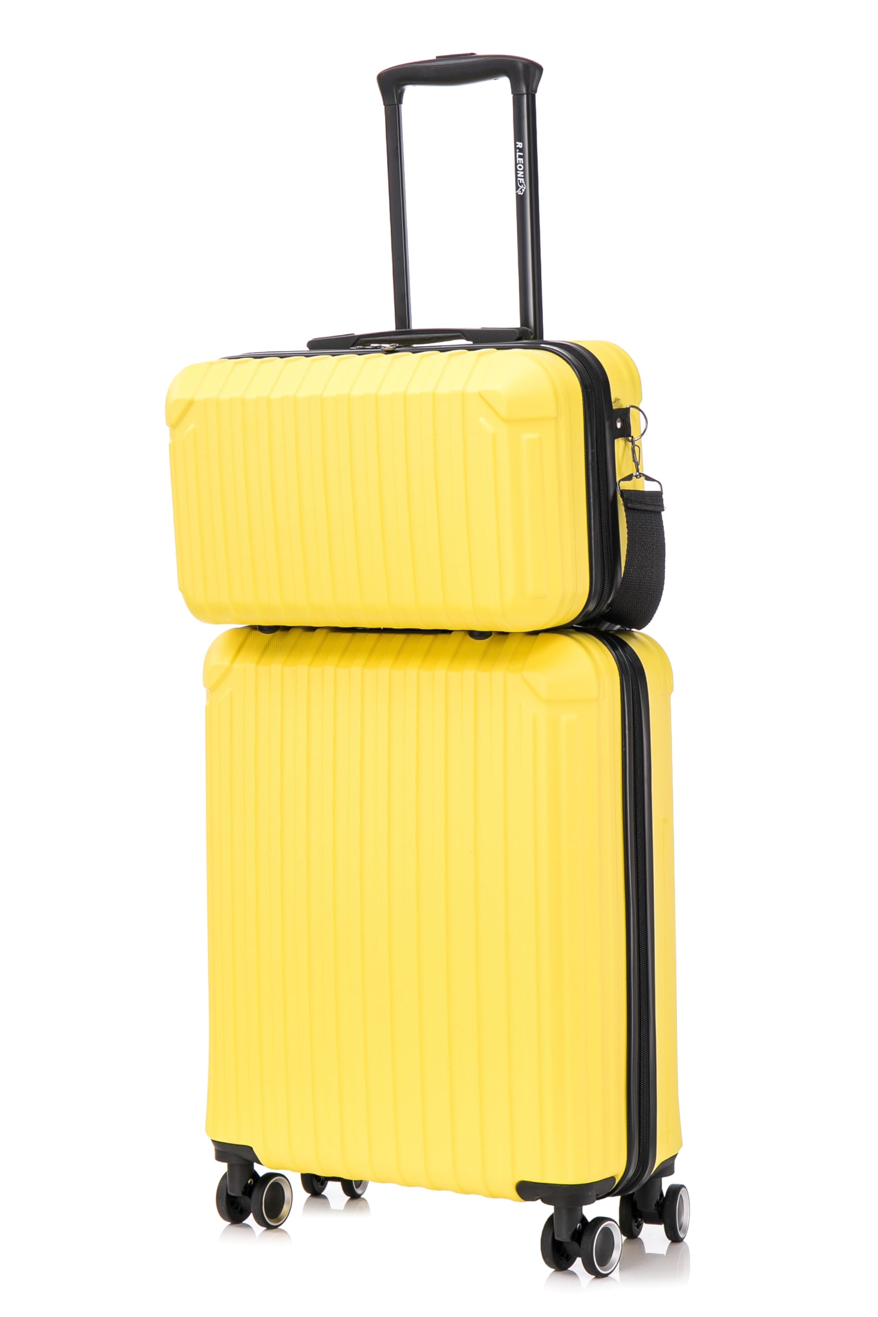 R.Leone Valigia Ryanair 55x40x20 cm+ 40x20x25 cm Set 2 Pezzi Trolley Bagaglio a mano 4 Ruote e Beauty Case in ABS 2208 (Giallo, Set 2 Pezzi S+XS)