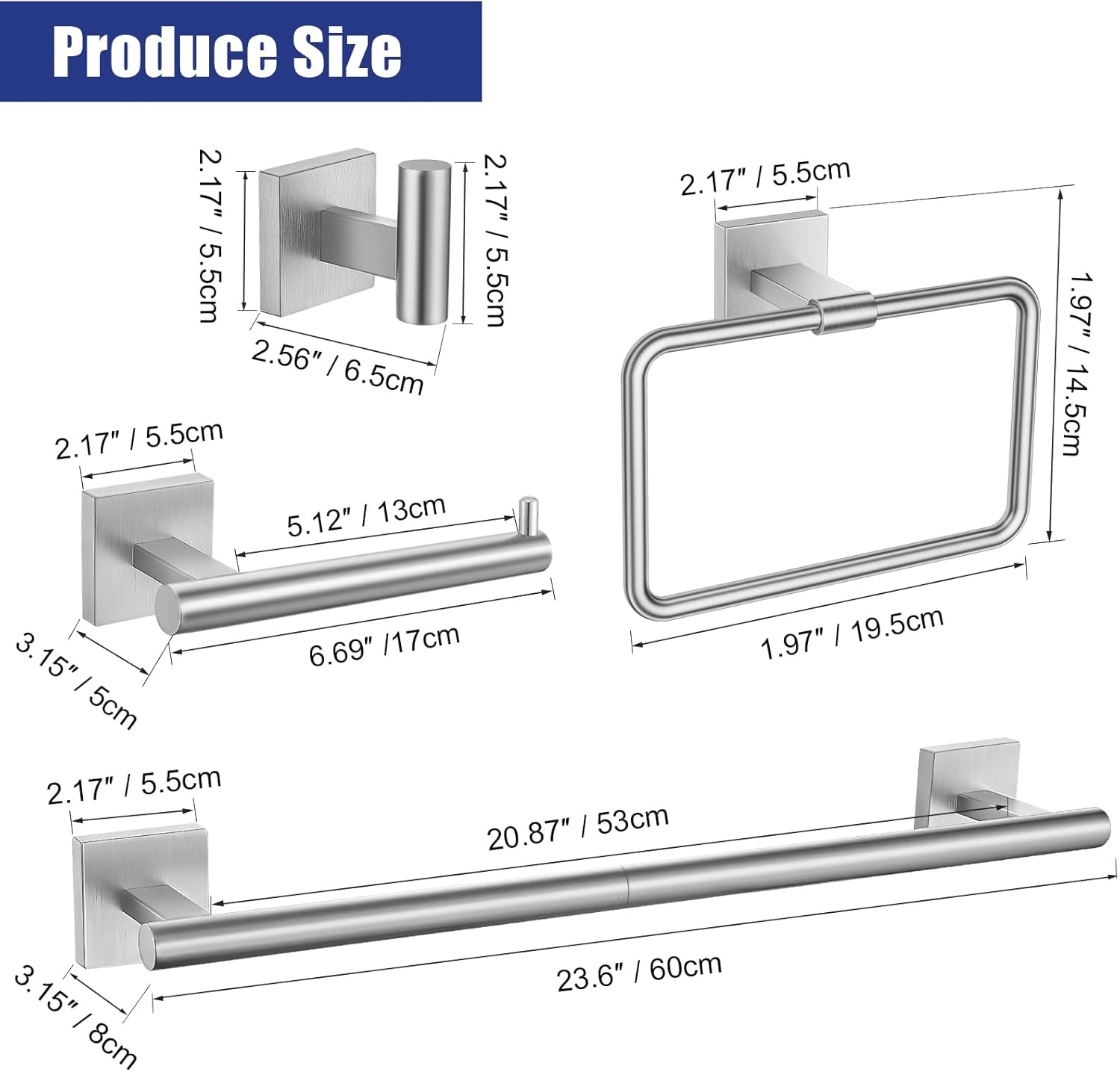TNOMS Brushed Nickel Towel Bar Set 5 Pieces Brushed Bathroom Hardware Accessories Set,Towel Holder Set for Bathroom SUS304 Stainless Steel Wall-Mounted Towel Holder Set,23.6 Inch
