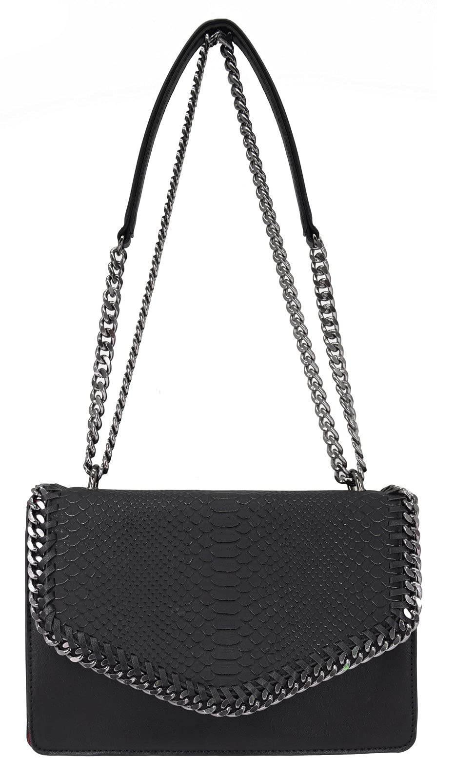 CRAZYCHIC - Damen Schlange Ketten Umhängetasche Snake PU Leder Schultertasche - Gesteppte Kettentasche Handtasche - Chains Messenger Crossbody Bag - Clutch Abendtasche Mode Trendy Fashion - Schwarz