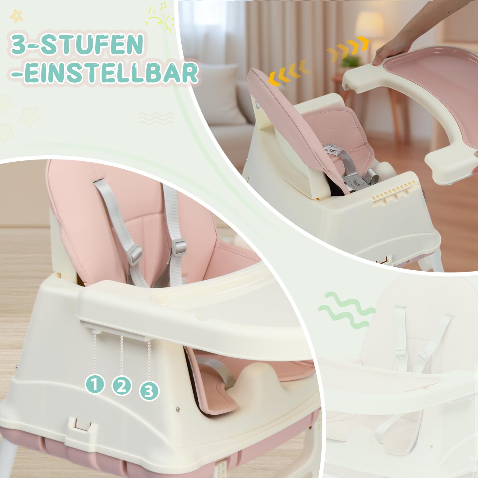 LEADZM 4 in 1 Babyhochstuhl, Umbaubar zum Laufrad und Lauflernwagen, Hochstuhl Baby mit Abnehmbares Doppeltablett und Universalrädern, Mitwachsend ab 0-36 Monate Babystuhl (Rosa)
