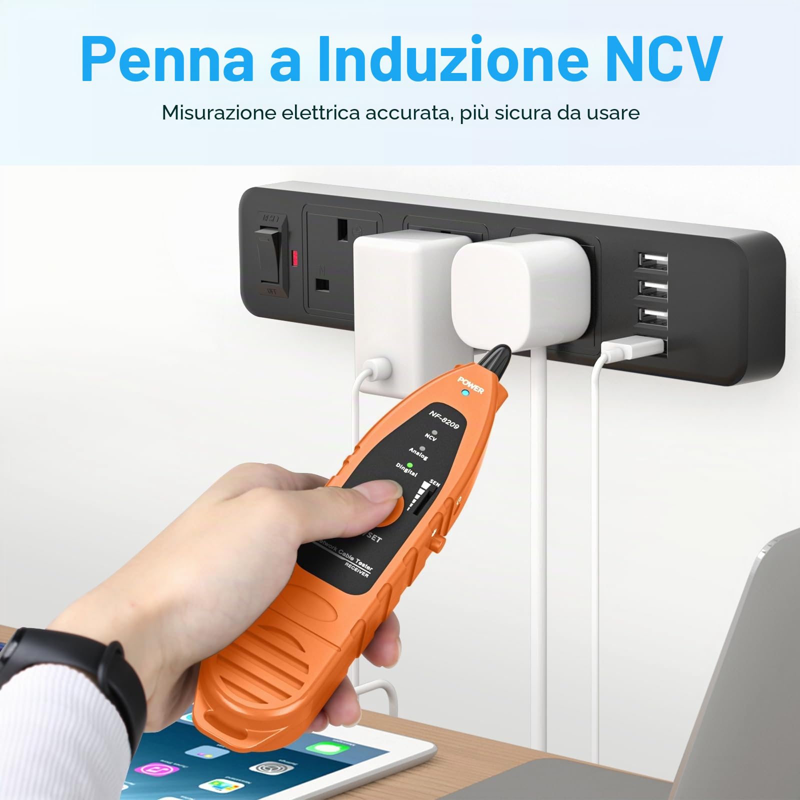 Tester per cavi con PoE Multifunzione, mappatura cavi, test di cavi di rete, NF-8209 con cavo LAN LCD senza contatto, PoE per Cat5 Cat6 strumento trovacavi per linee sotterranee, telefono