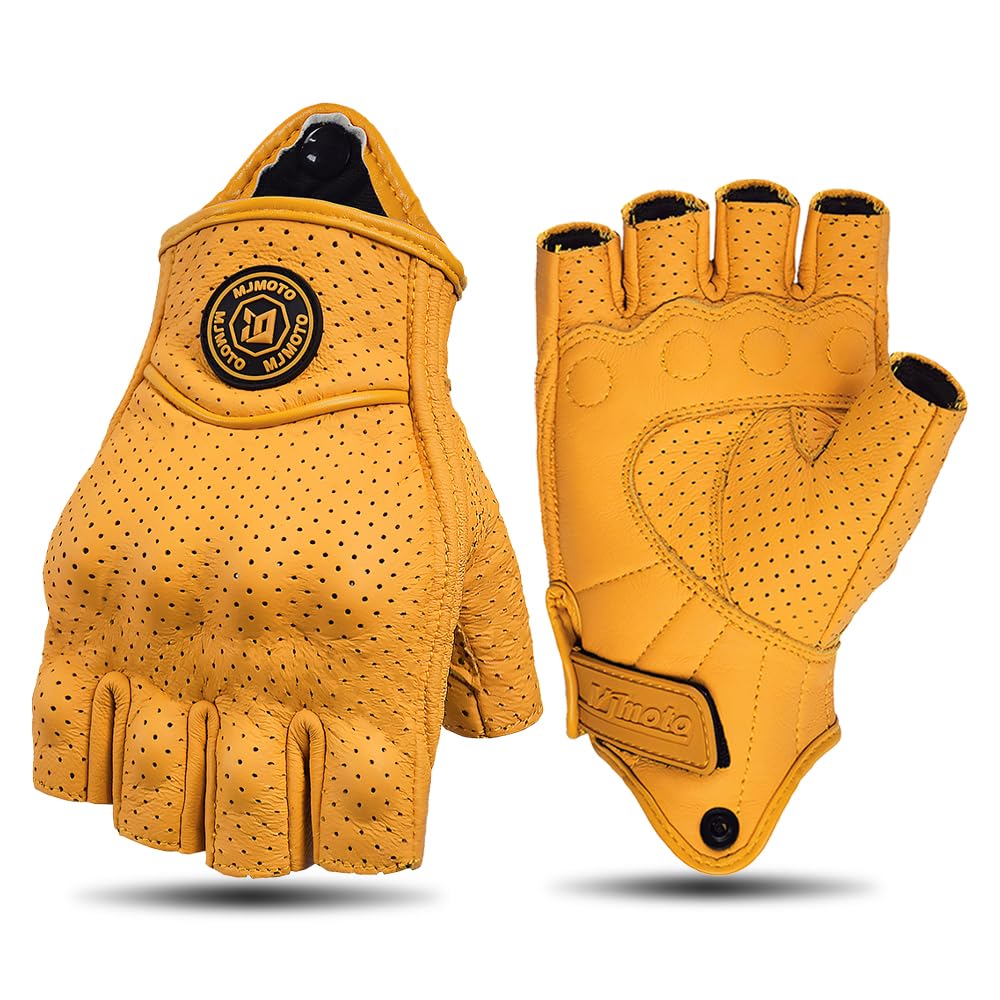 Classic Vintage Perforation Leather Motorcycle Gloves Half Finger Protected Moto Motocross Racing Glove Fingerless Summer Yellow