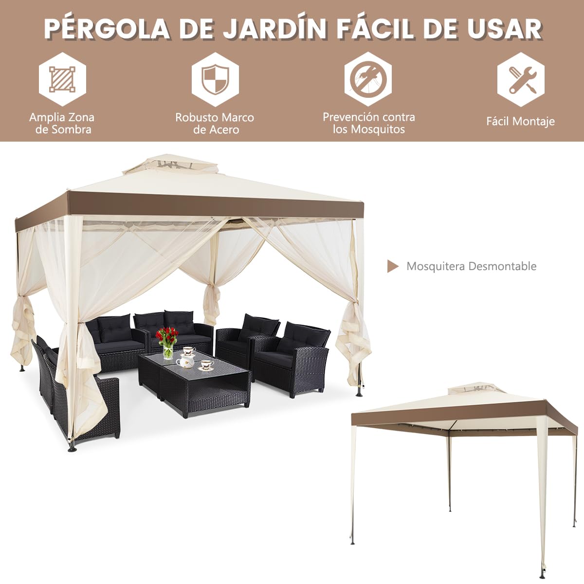 RELAX4LIFE Carpa 3x3m con Mosquitera, Tela Impermeable, Doble Techo, UPF 50+, Cortinas de Malla Extraíbles con Cremallera, Pergola de Jardín con Estacas de Tierra para Patio y Terraza (Beige)