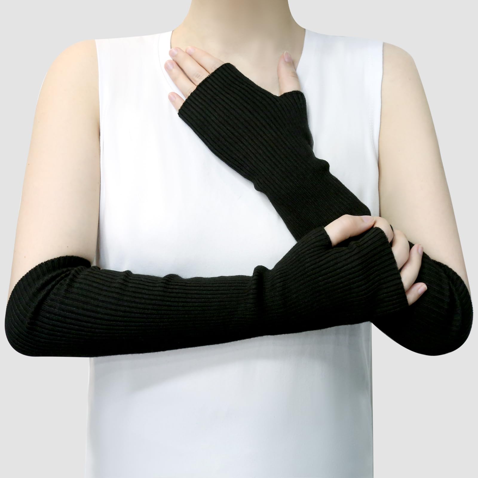SEYUFN Winter Fingerless Long Gloves for Women Cashmere Blended Knitted Arm Warmers Super Soft Black Arm Sleeves: 40cm/15.7in Camel