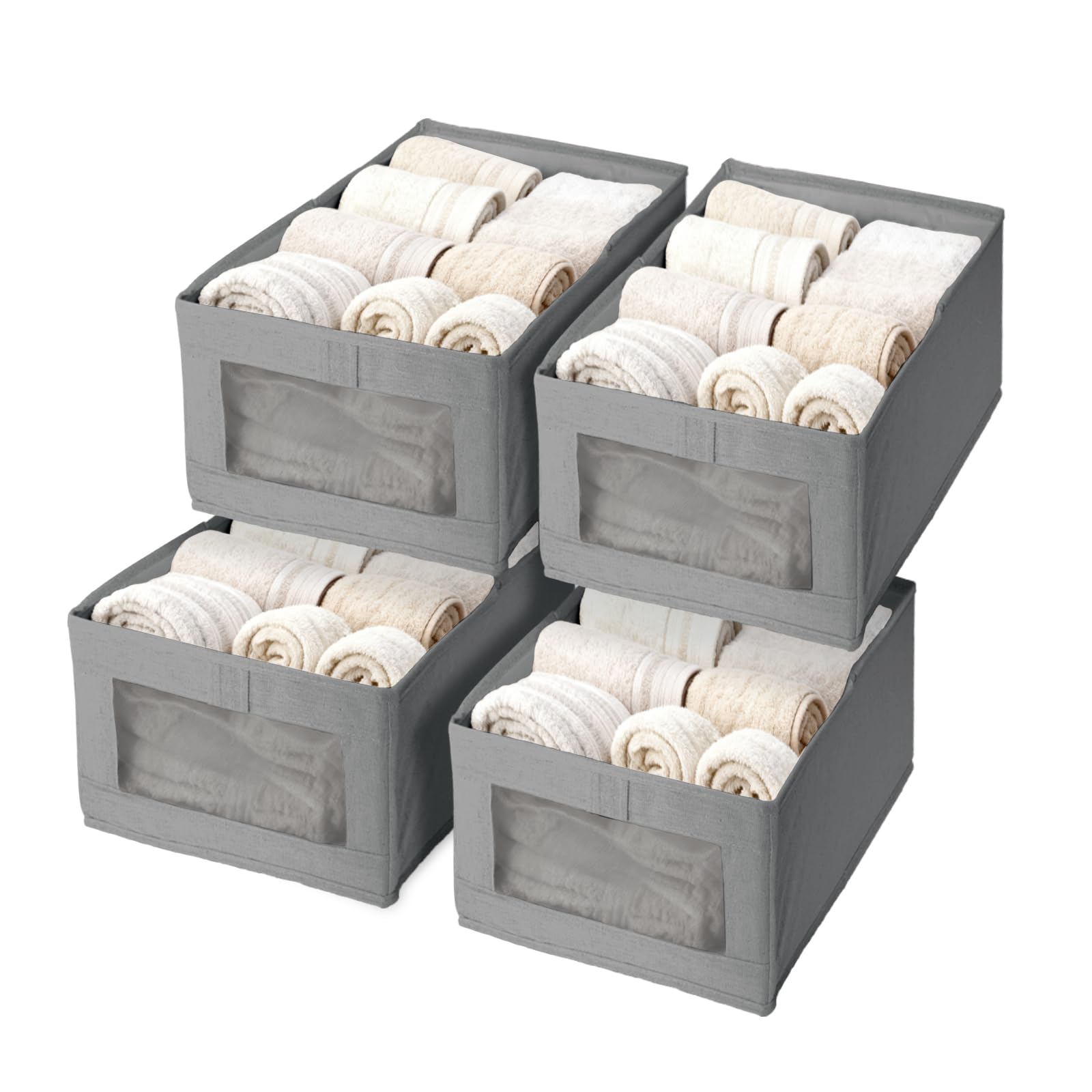 lisetar 4 Pack Foldable Linen Wardrobe Storage Organiser with Clear Window — Clothes Organiser for Wardrobe, Linen Storage Boxes with Handles for Underwear & T-Shirts,Jeans,Trousers - Grey