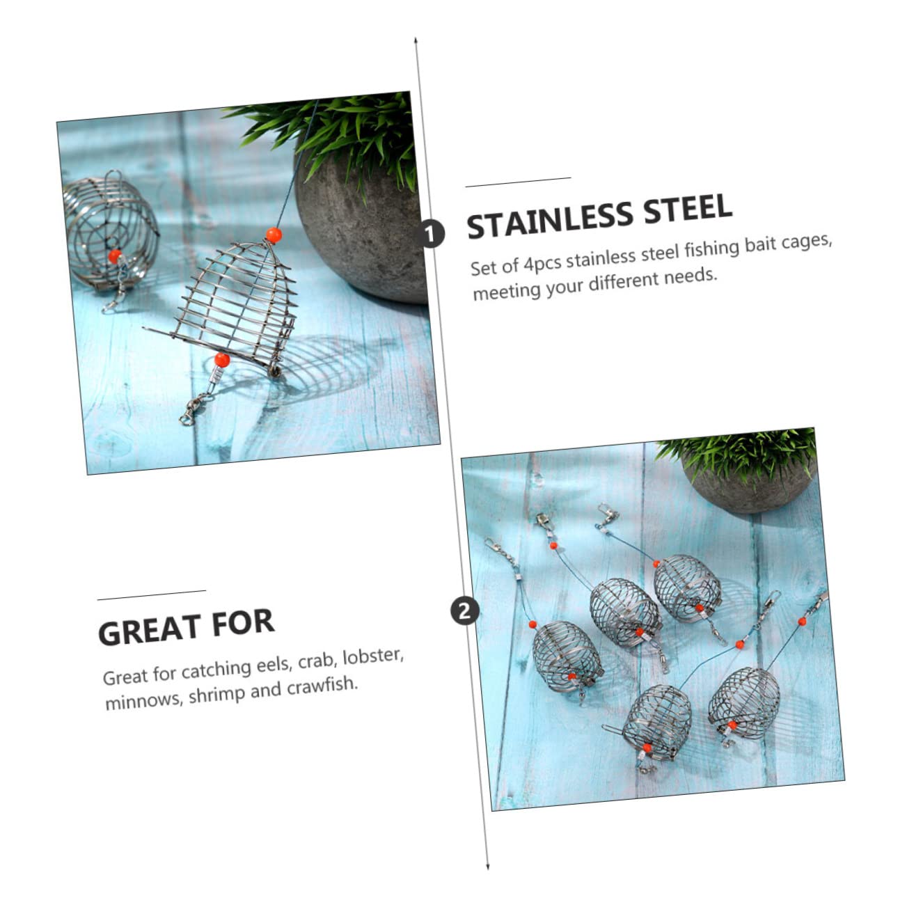 VINTORKY 4pcs Stainless Steel Fishing Lure Cage Durable Bait for Eels Crab Lobster Minnows Shrimp Crawfish Portable Fishing Cage for Adults