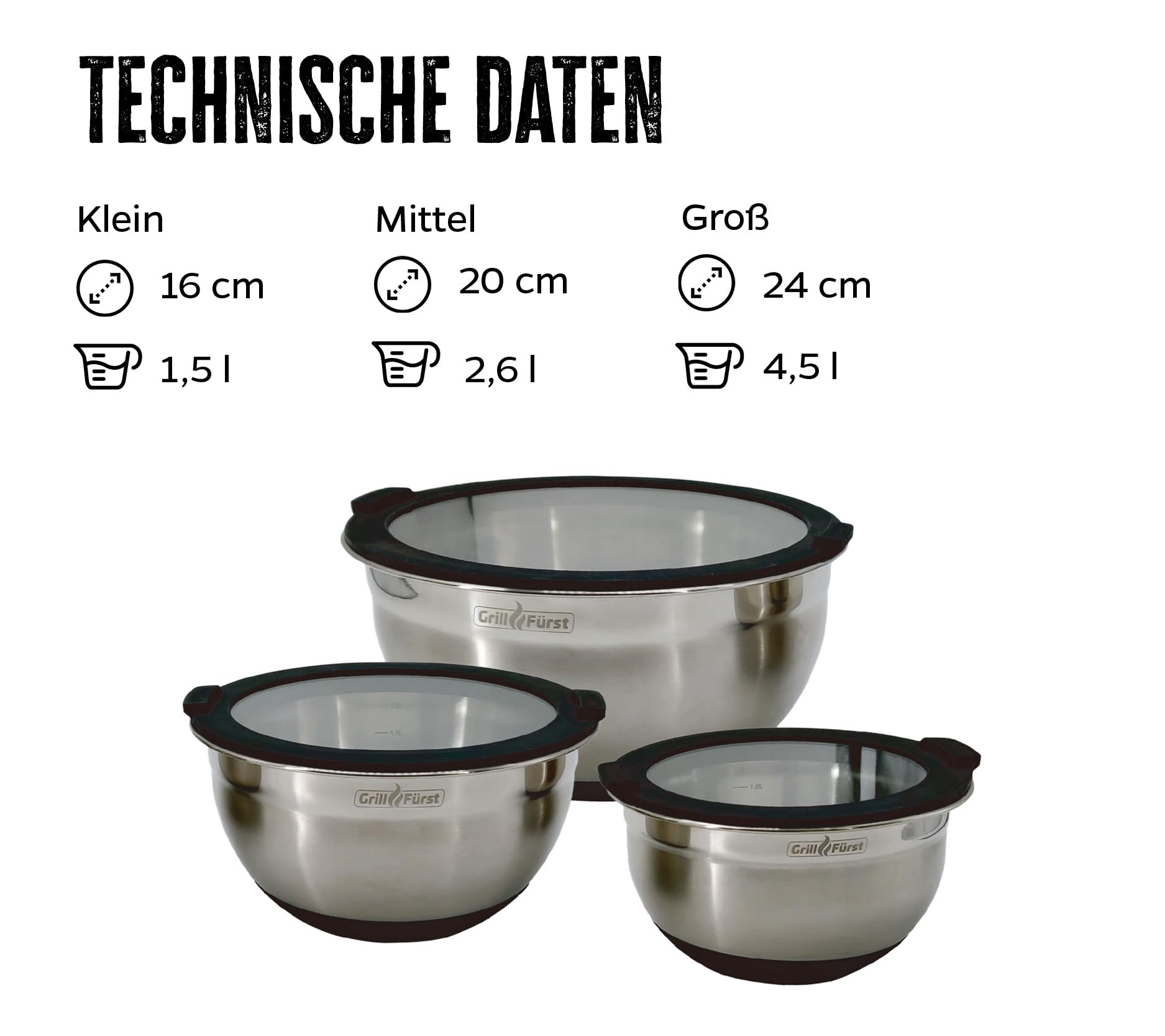 Grillfürst BBQ Edelstahlschüssel Set 3-teilig mit luftdichtem Glasdeckel und Messmarkierung - Rührschüsseln - Salatschüsseln - 1,25l, 2,25l, 4,0l