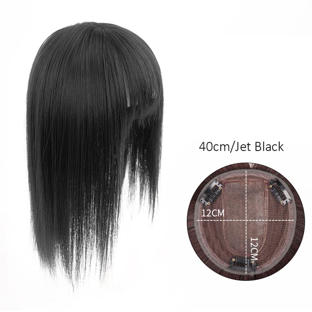 Fringe Hairpiece Extension Topper 12x12cm Snythetic Straight Head Crown Replacment with Clips (40cm Jet Black)