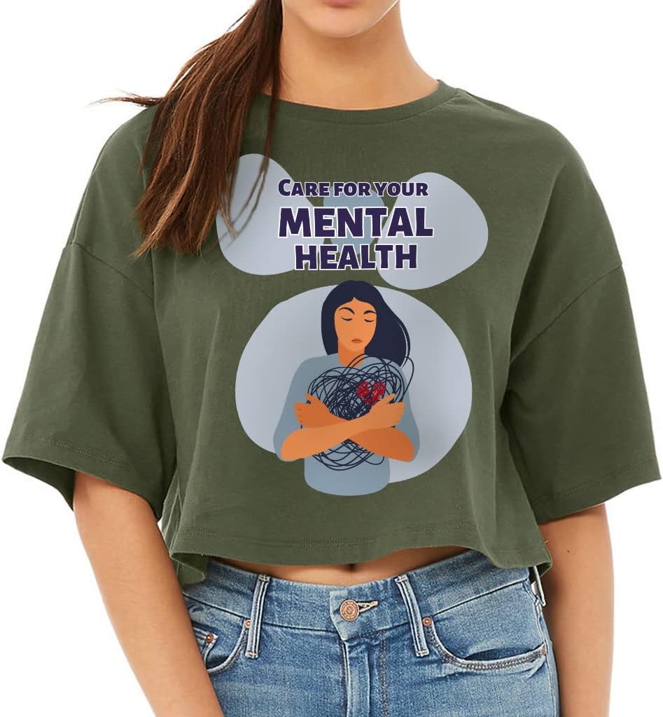 Care for Your Mental Health Women's Crop Tee Shirt - Print Cropped T-Shirt - Quote Crop Top