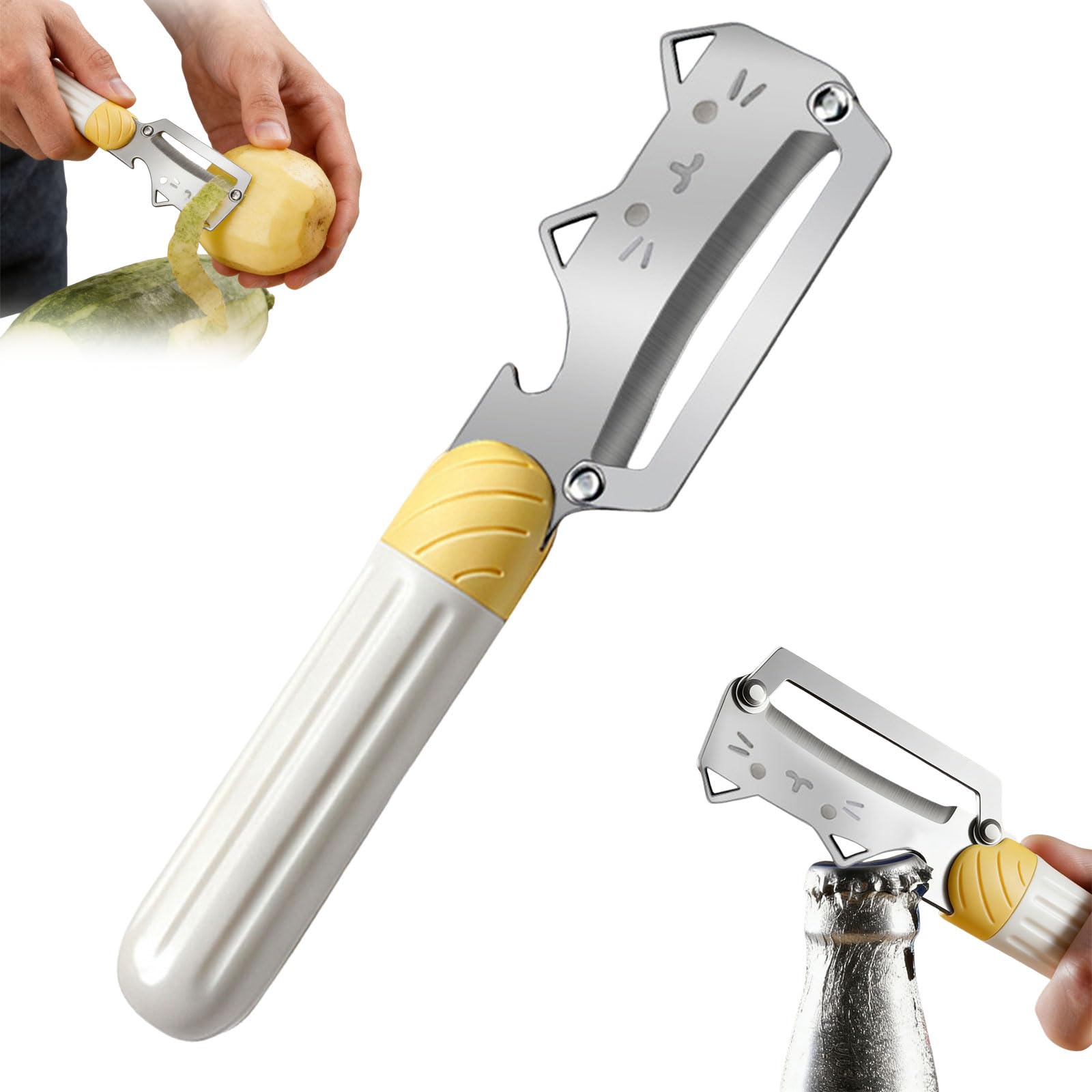 Gemüseschäler 3-in-1-Multifunktion - Scharfe Klinge, eingebauter Flaschenöffner & Massivholzgriff zum Schälen, Schneiden von Obst und Gemüse, Küchenwerkzeug, einfach zu bedienen