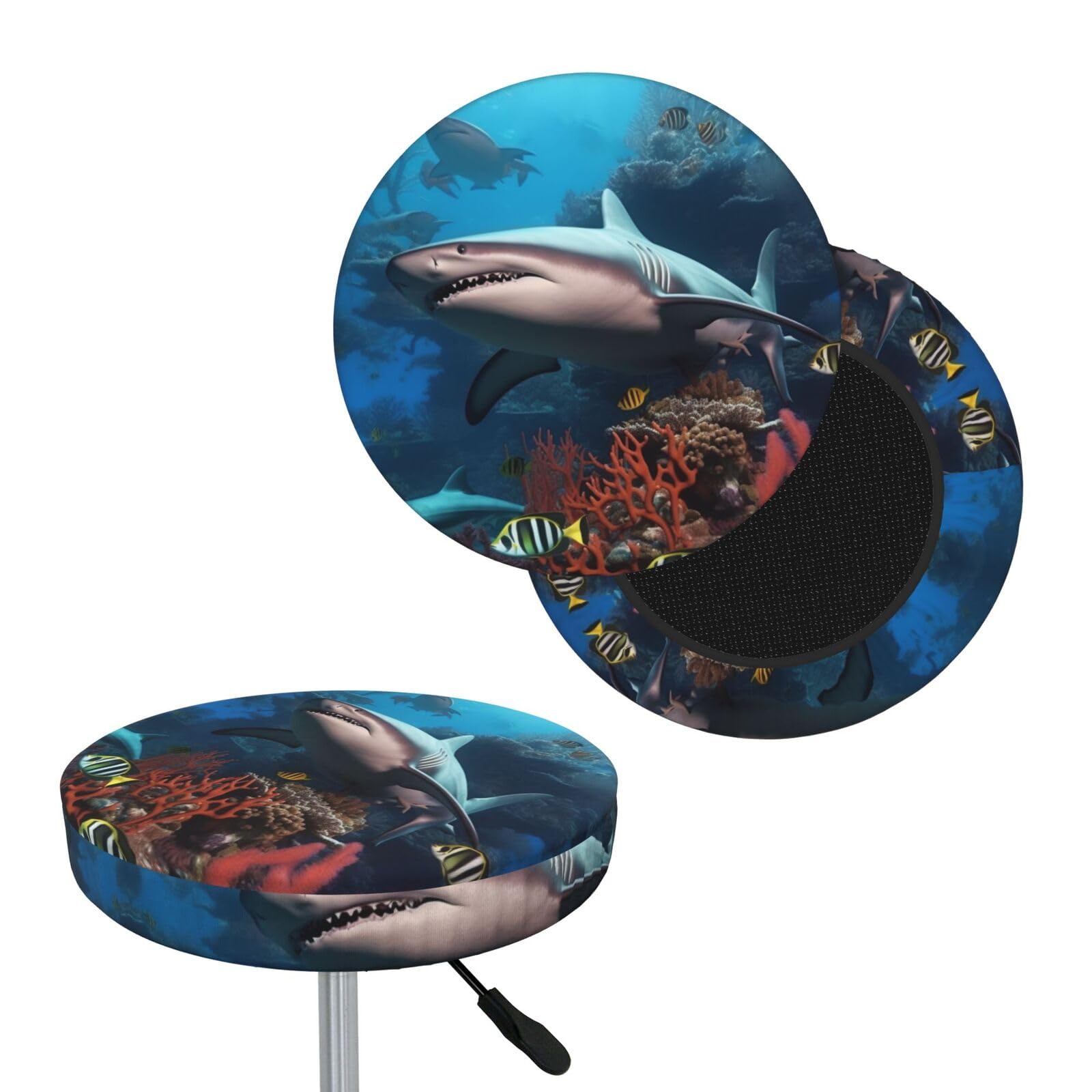 KTHSNSKL Bar Stool Cover Round Elastic Stool Cushion Covers Submarine Shark Coral Bar Chair Cover Washable Stool Cushion Slipcover Stretch Stool Seat