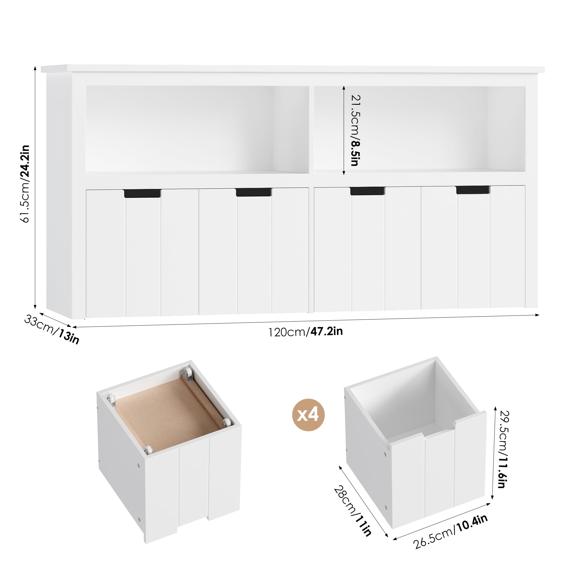 FOREHILL Meuble Rangement Enfant Rangement Jouet Enfant avec 4 Tiroirs Roulants Armoire de Rangement pour Chambre d’Enfant Salle de Jeu 120x33x61,5cm Blanc