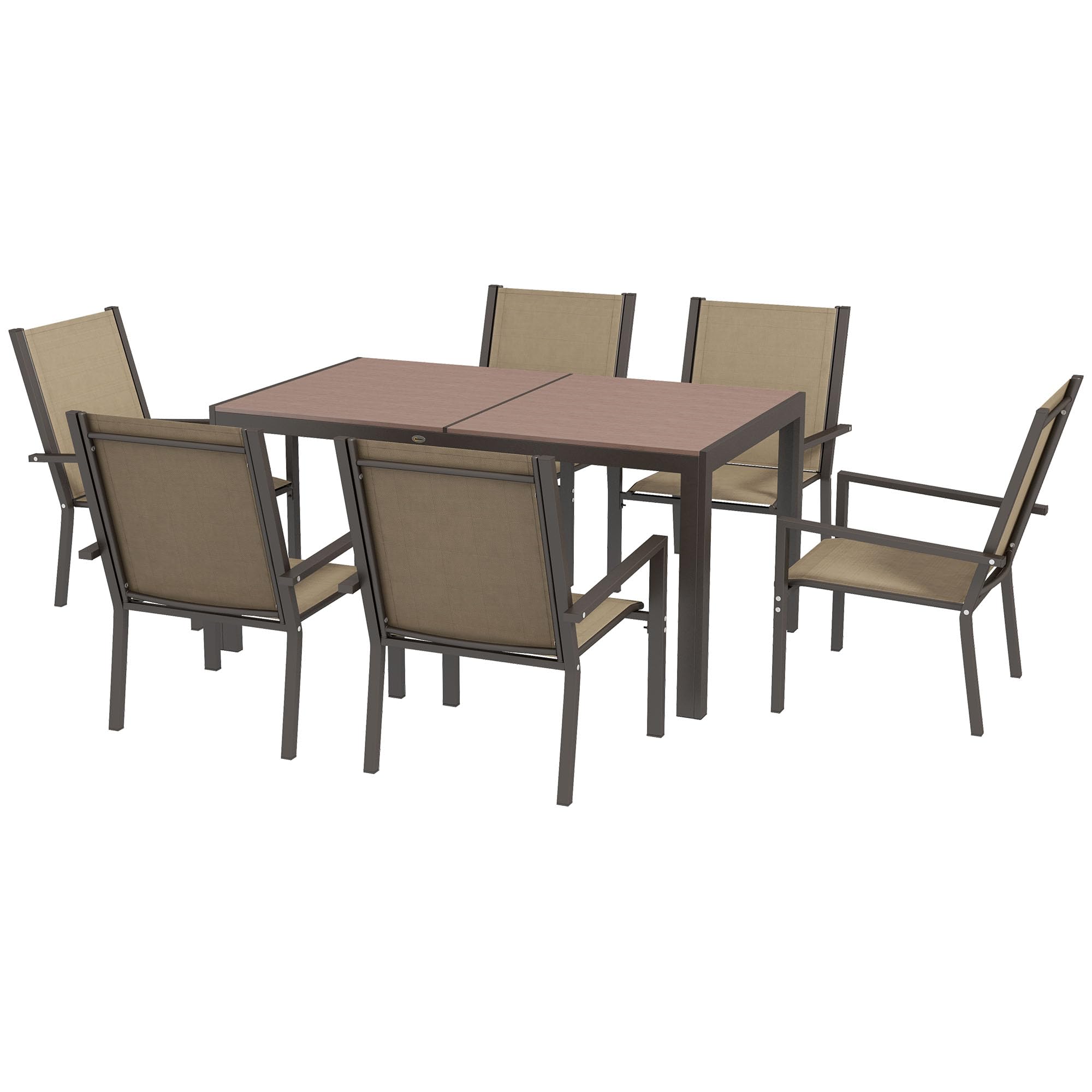 Outsunny Conjunto de Comedor de Exterior de 7 Piezas Conjunto de Muebles de Jardín con 6 Sillas Apilables Mesa Rectangular y Marco de Acero para Terraza Patio Caqui