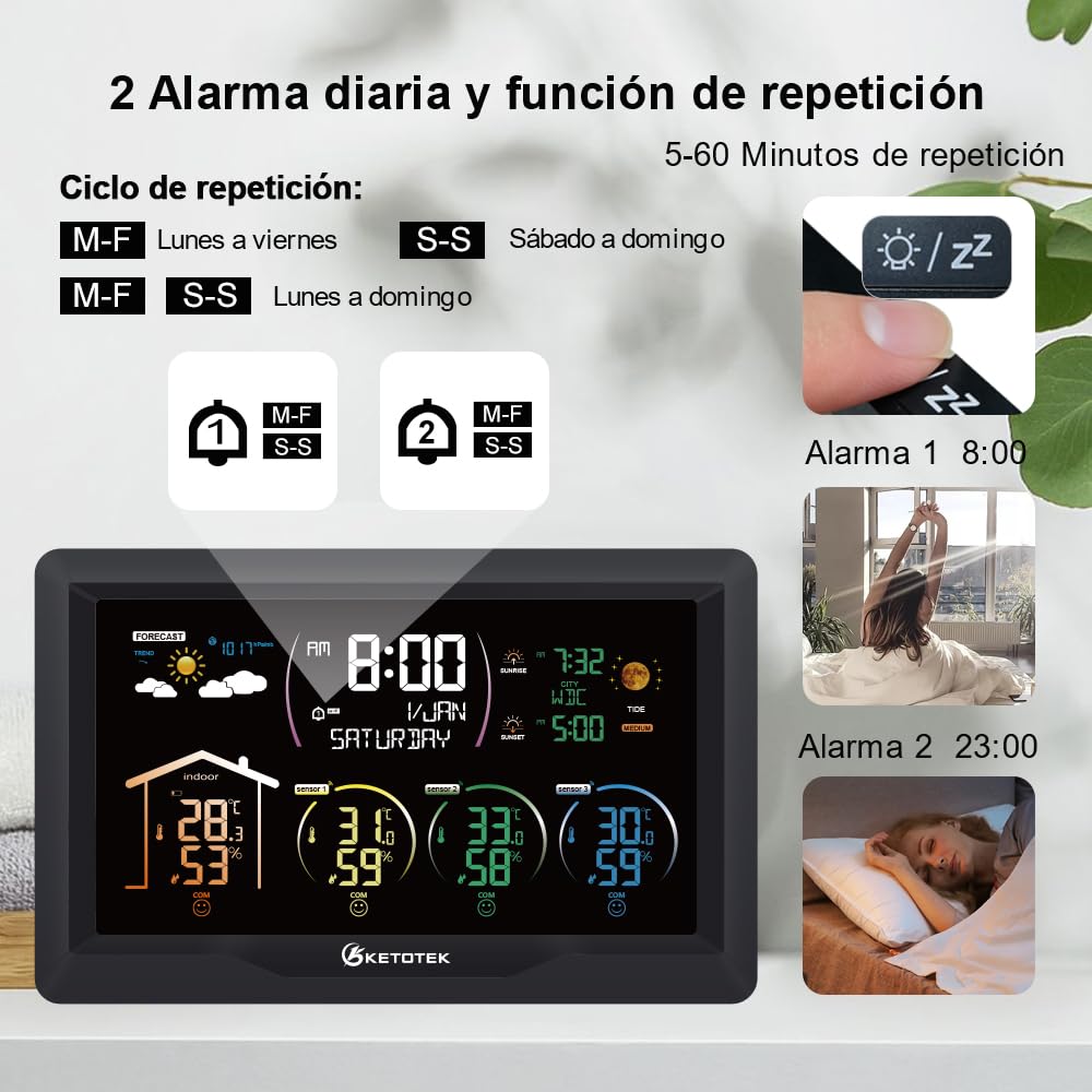 Estación Meteorológica Radio Inalámbrica KETOTEK con 3 Sensores de Exterior Termómetro Digital LCD de Interior Higrómetro Barómetro con DCF,Reloj Alarma,Previsión Meteorológica,Fase Lunar
