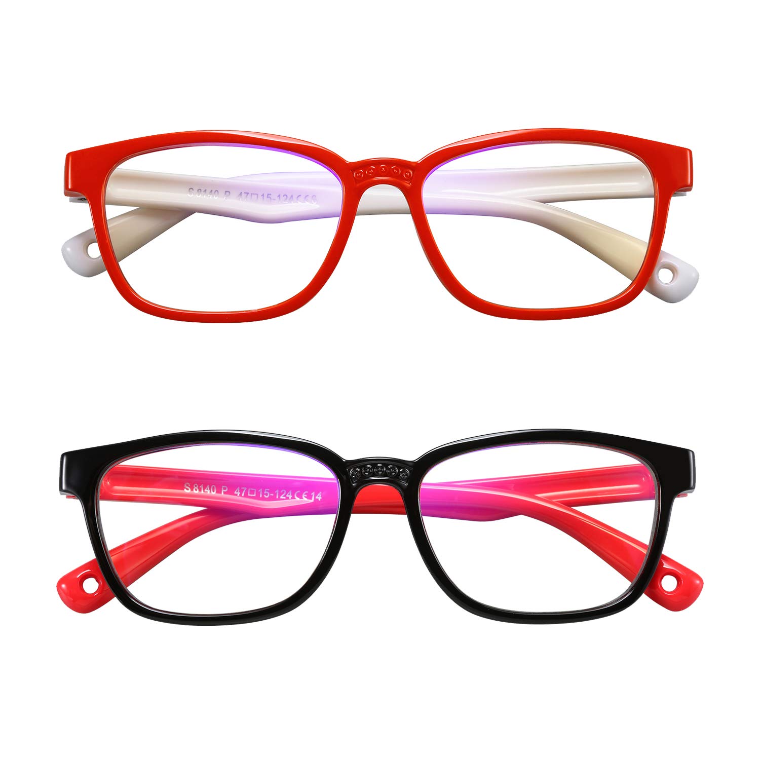 AHXLL Kids Blue Light Blocking Glasses 2 Pack, Anti Eyestrain & UV Protection, Computer Gaming TV Phone Glasses for Boys Girls Age 3-9 (Red White+Black Red)