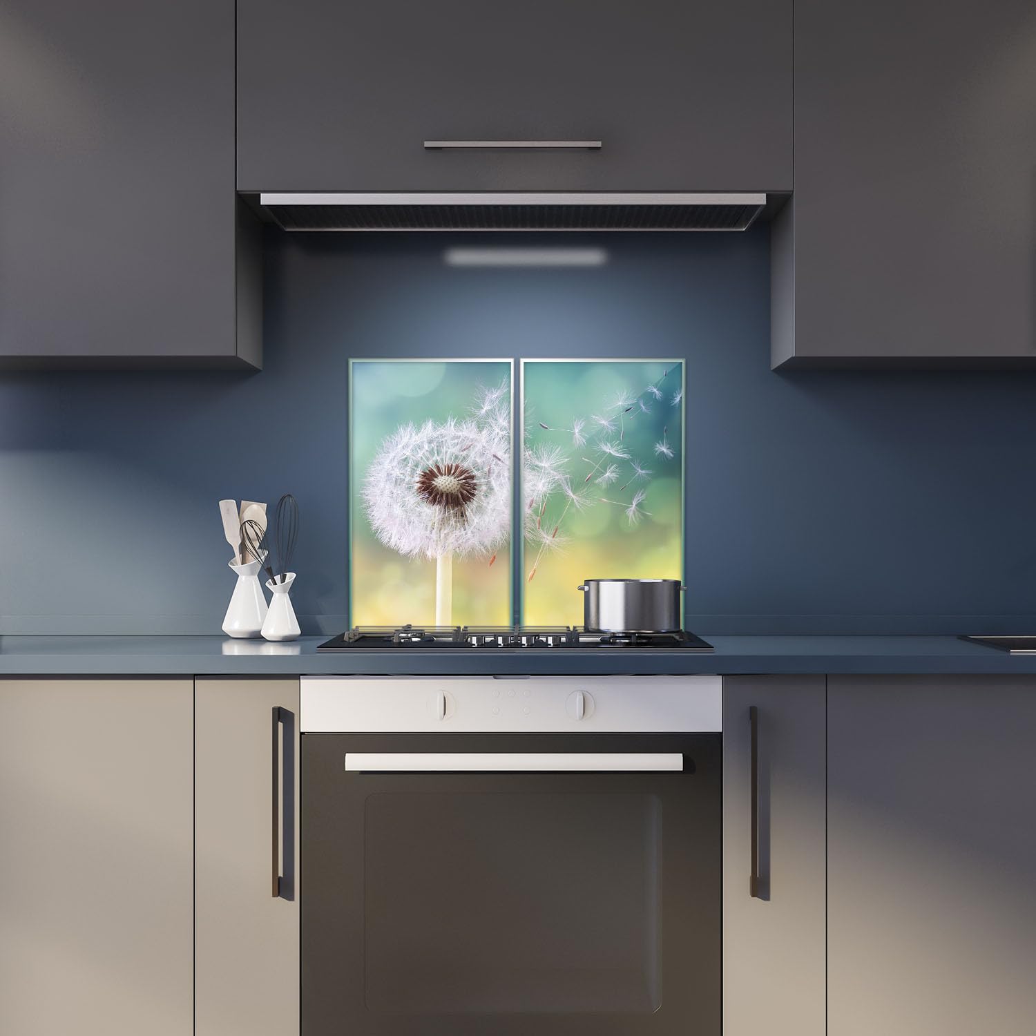 Herdabdeckplatte Abdeckung Ceranfeld Abdeckplatte Schneidebrett 2-Teilig 60x52 Pusteblume Weiss Mehrfarbig Spritzschutz Glasplatte Ceranfeldabdeckung Sicherheitsglas Glasschneidebrett 2x30x52