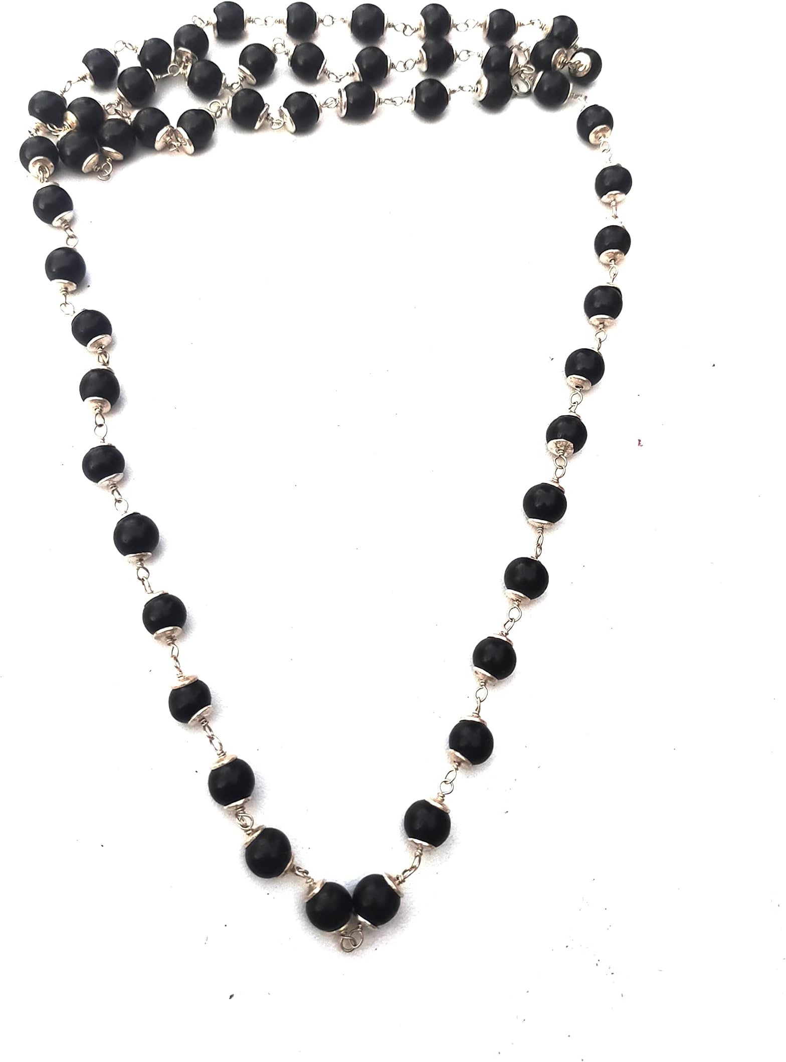 Natural Ebony Wood Silver Cap Chain Mala Karungali Kattai Chain Mala 54 Beads For Unisex Adult (Size 8 Mm)