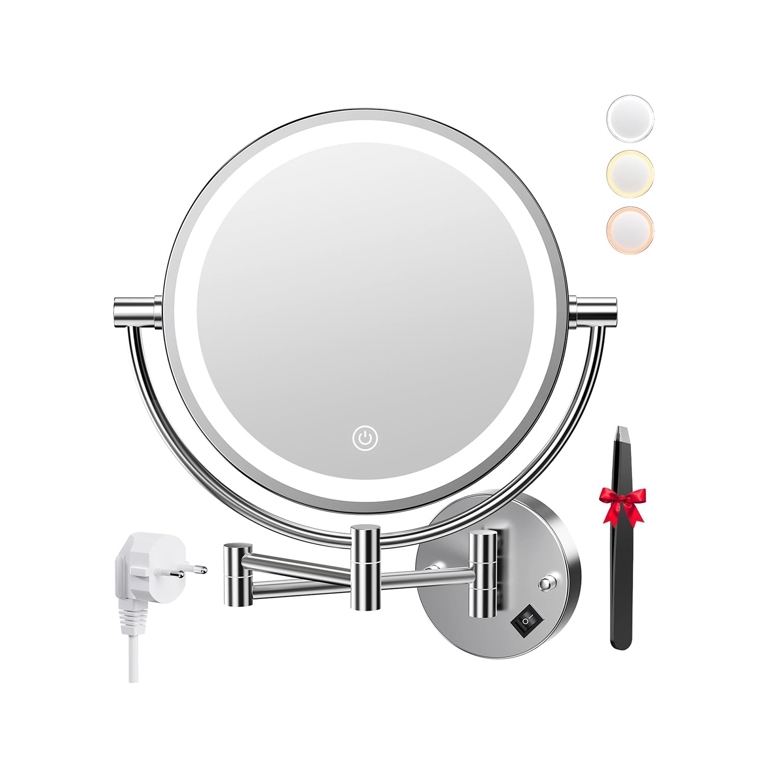 Auxmir Espejo Maquillaje con Luz Pared, 1X/20X Aumento Doble Cara Giratorio 360, Espejo Baño Extensible Táctil con Enchufe, 3 Colores Brillo Regulable, para Hotel, SPA, Plata