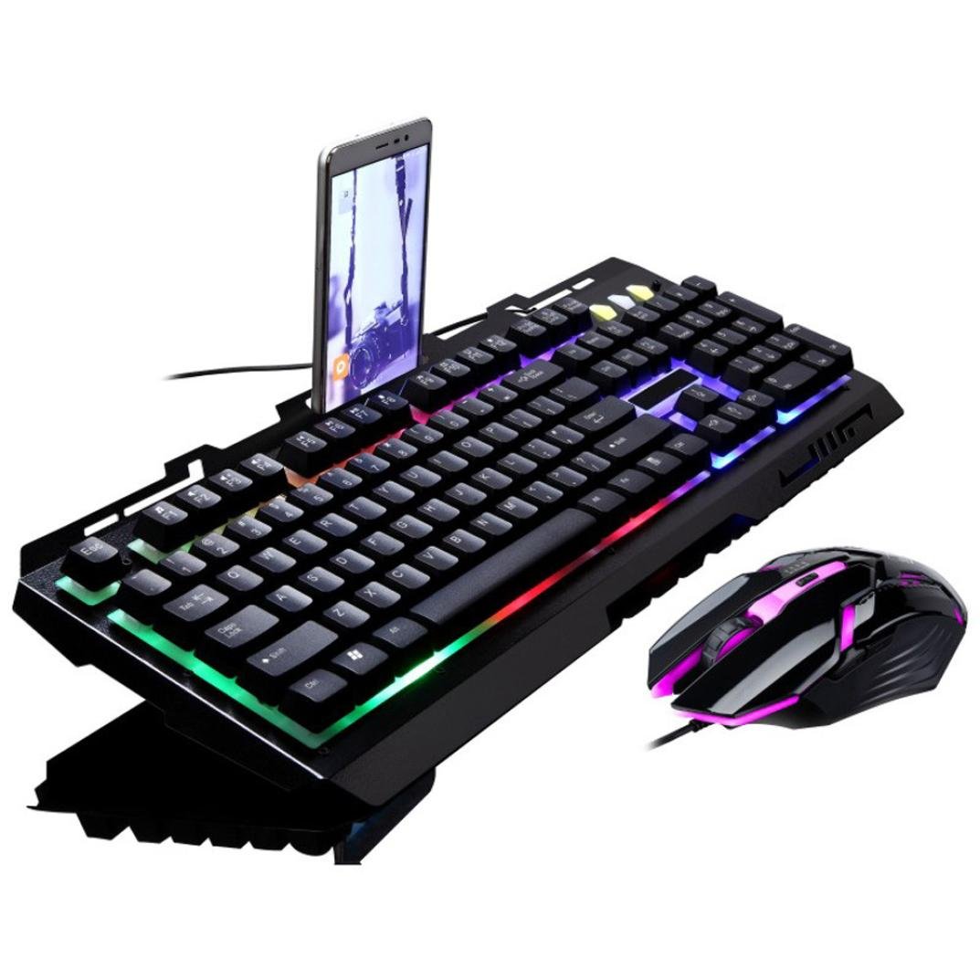 eWINNERG700 Led Rainbow Color Backlight Gaming Game Usb Wired Keyboard Mouse Set Suitable for Windows /Windows Vista/ Windows XP/IOS with Phone Holder-Black