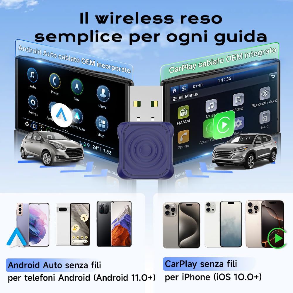Carlinkit Mini adattatore per auto Ultra Wireless CarPlay & Android – Plug & Play Dongle per iPhone e Android, converte cablata a wireless, USB-A/USB-C, compatibile con auto cablate OEM