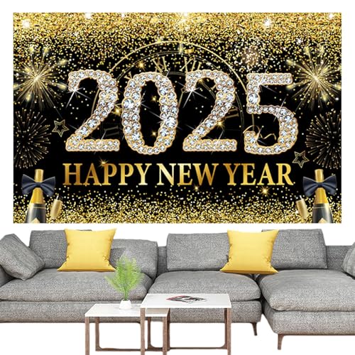 2025 Felice Anno Nuovo2025 Banner Sfondo Anno - in oro nero 71 x 43 pollici Decorazione domestica Accessori eleganti per feste di Capodanno sfondo fotografico striscione di per