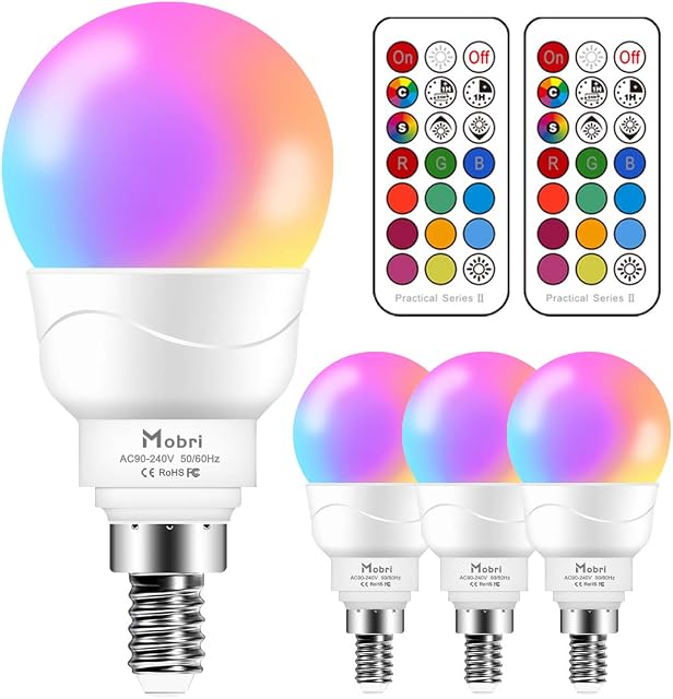 Mobri E14 LED Light Bulb,5W Colour Changing Light Bulb with Remote Control, Memory & Timing Function,40W Equivalent SES Small Edison Screw Golf Ball Bulb, RGB+Cool White (5700K), 4 Pack