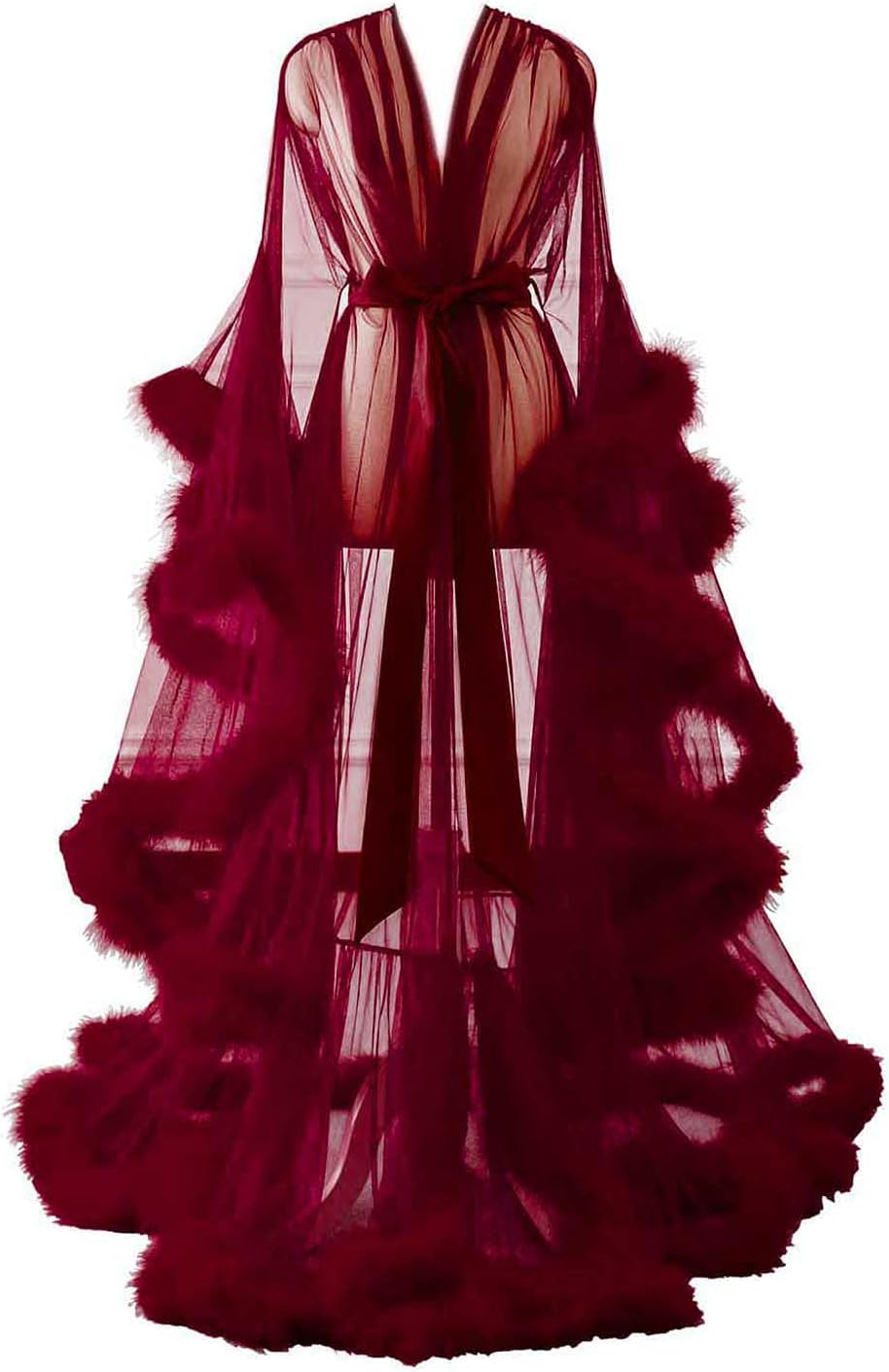 Changuan Sexy Feather Robe Long Fur Tulle Robe Sheer Lingerie Maternity Photoshoot Dress Sleepwear Nightgown Bathrobe