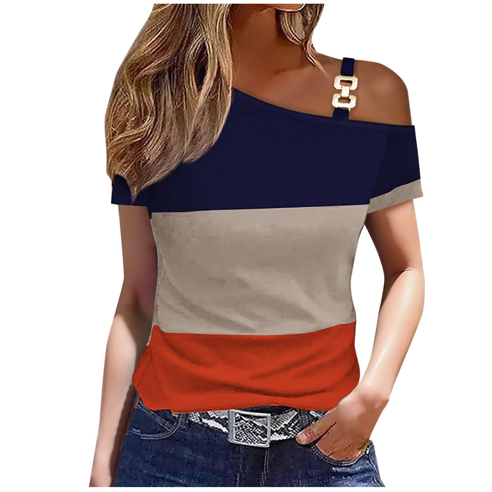 NUSGEAR Camiseta Manga Corta Mujer Verano 2023 Moda Impresión Camisa un Hombro Blusa Cuello en V Camiseta Sexy Slim Fit Tops Casual Fiesta T-Shirt Original tee Playa