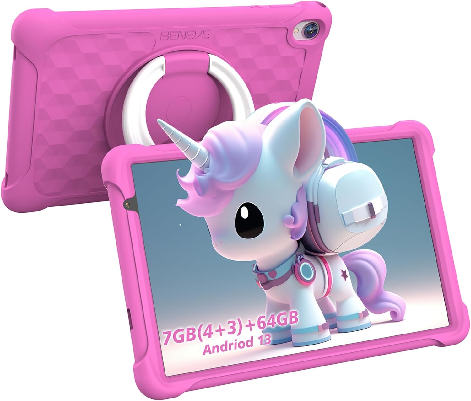 BENEVE Tablet Bambini 10 Pollici Android 13 Tablet,7GB RAM 64GB ROM/WiFi/5+2MP/6000mAh/Bluetooth/Controllo Parentale Apprendimento Educazione Tablet PC con Custodia (Rosa)