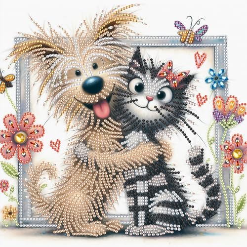 Image of AiYuanzsh Cat and Dog Diamond Art Painting Kits for Adults, 5D Special Shape Diamond Art Kits for Beginners, Crystal Rhinestones Diamond Art Painting for Home Wall Decoration Gift 12x12 inch