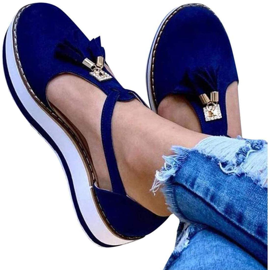 RXZCHH Sandalias de Verano para Mujer Sandalias de Cuero con Borlas Zapatos con Hebilla y Punta Cerrada Sandalias de Alpargatas de Playa Vintage con tacón Suela Plana Sandalias de corrección de pies
