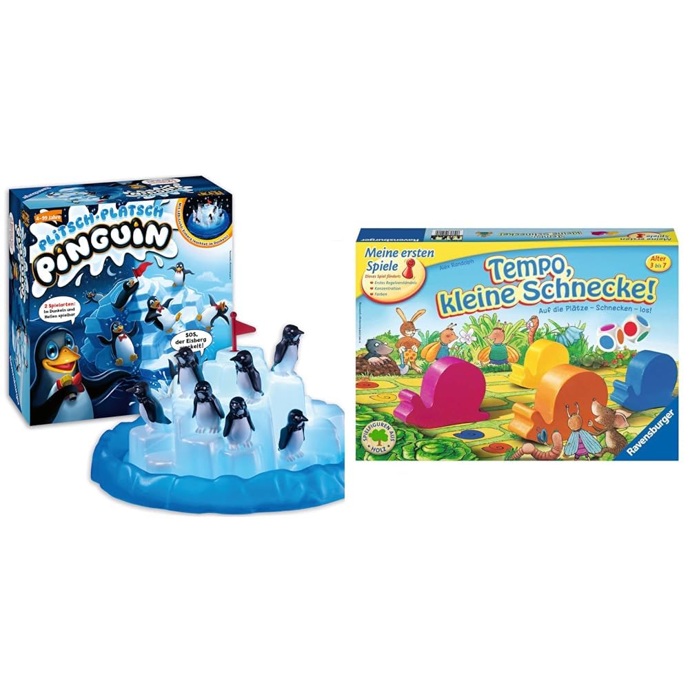Ravensburger 21325 Plitsch Platsch Pinguin großer Spielspaß mit Geschicklichkeitsfaktor für Kinder und Erwachsene Klassiker für 1 bis 5 Spieler ab 4 Jahren & Kinderspiel 21420 Tempo kleine Schnecke