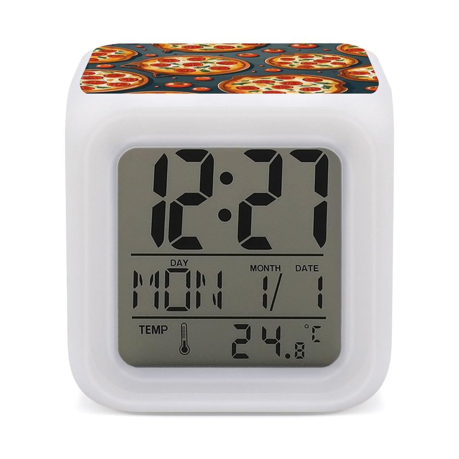 FekiLoot Pizza Food Alarm Clock for Heavy Sleepers Small Digital Alarm Clock with Date Temperature Wake Up Digital Clocks with 7 Colors Changing Desk Clocks for Bedroom Bedside Nightstand